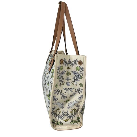 Tory Burch Nylon Ella Tote Bag Meadow Print Floral Rabbit Bird Nature Scene ASIS - Picture 4 of 9